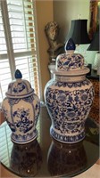 Blue and White Floral and Bird Temple Jar and 2