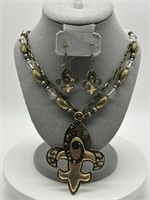 EFM Brass Tone & Crystal Fleur-de-Lis Necklace Set