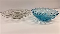 1960's Blue Capri Glass Swirl  Bowl and Clear