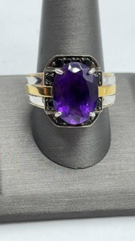 Amethyst 14k gold and 925 silver mens ring size