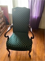 High back oak and green fabric chair