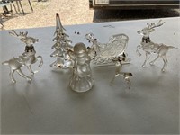 Glass Christmas pieces, tree, sleigh, angel,