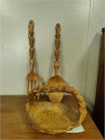 Wooden spook & fork with basket.