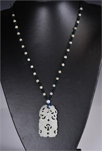A Jade Carved Dragon Pendant w/ Jade beaded neckla