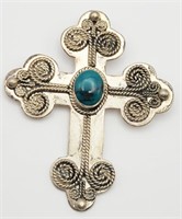 LARGE STERLING CROSS PENDANT WITH TURQUOISE