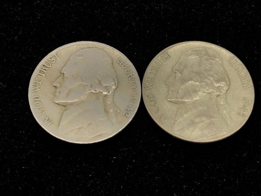 Two 5C Washington Silver War Time Nickels - 1942,
