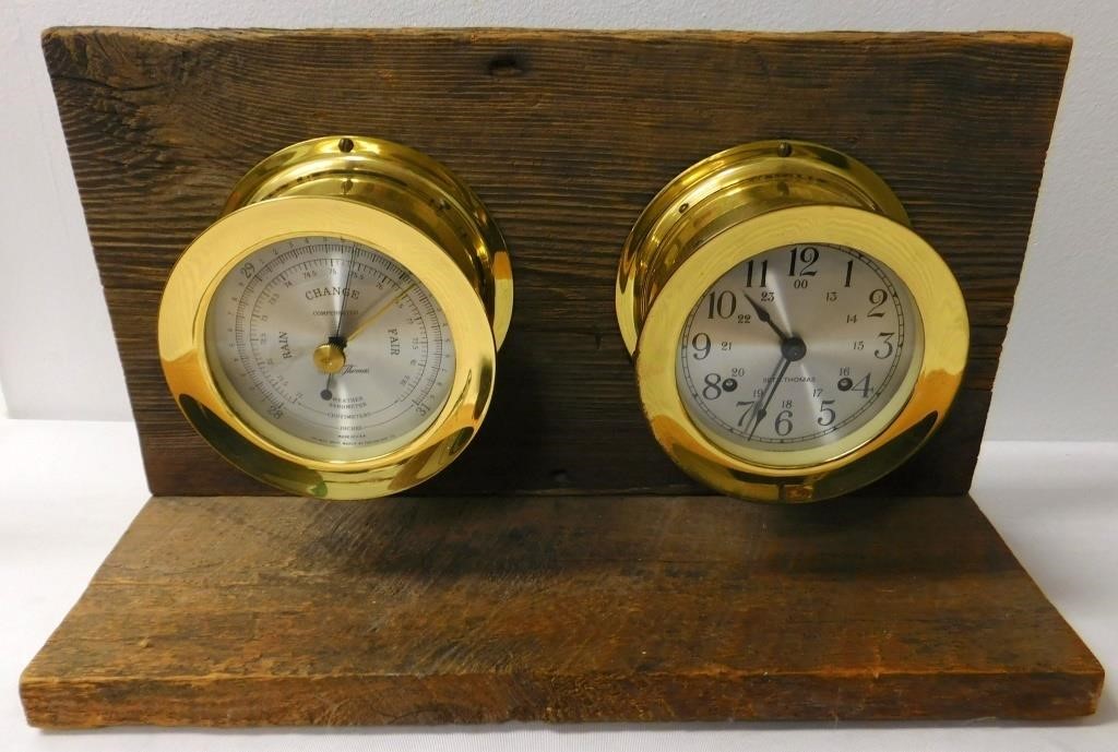 Seth Thomas Brass Barometer & Clock on Wood