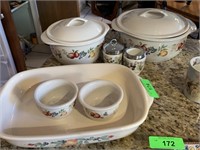 LOT OF CASSEROLE DISHES/ PRETTY CAKE STANDS