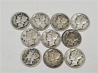 Teens, 20's,30's Silver Mercury Dimes 10 Coins