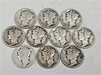 Teens, 20's,30's Silver Mercury Dimes 10 Coins