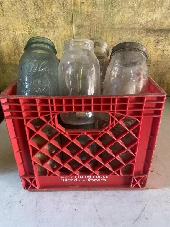 Prairie farms plastic milk crate, Ball jars &