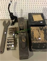 Tool lot - two phone ring call boxes, wood plane,