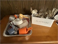 Various kitchenware and silverplate flatware