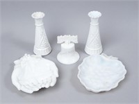 Vintage Milk Glass Vases, Bell, and Dishes