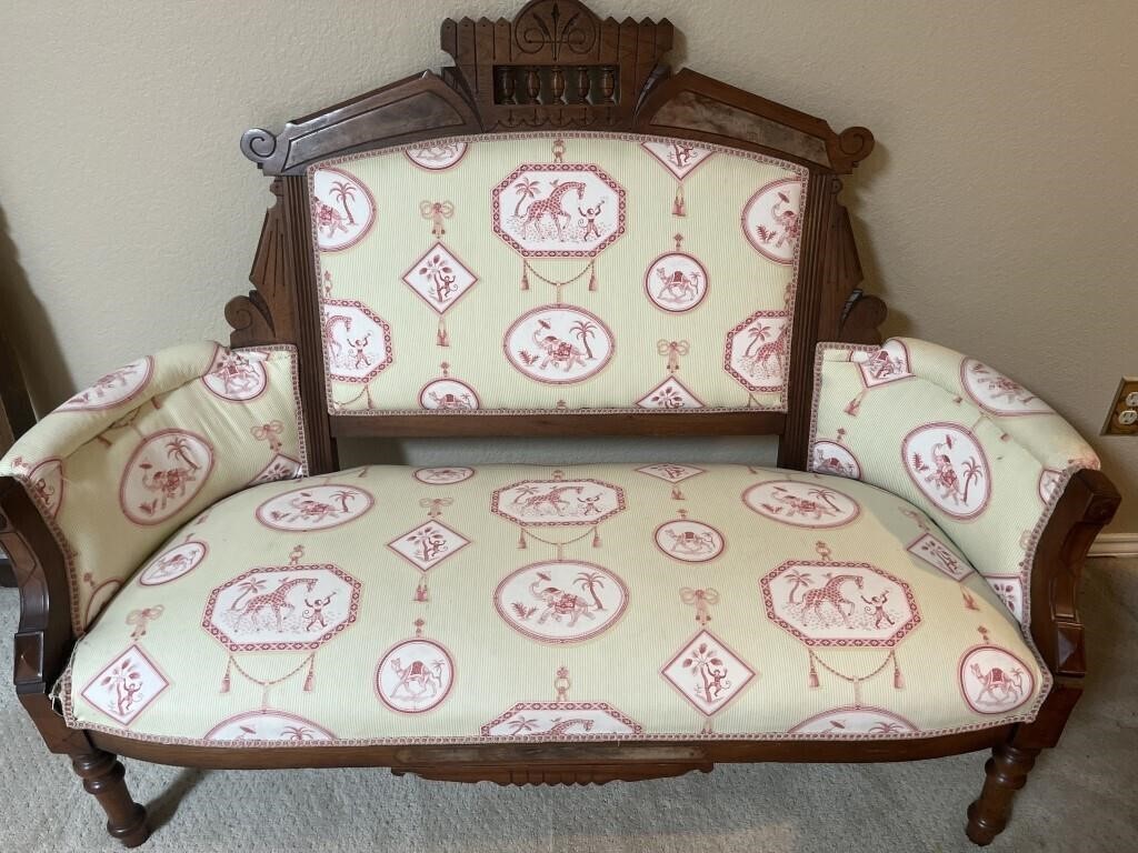 Antique Eastlake Victorian Settee, Upholstered in