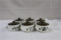 Denby, six handled onion soup bowls with lids