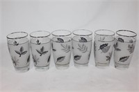 6 Libbey Frosted Silver & Gray Leaf Glasses