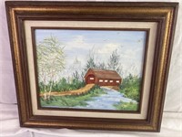 Vintage Covered Bridge Oil Painting