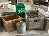 Vintage Wooden Crates, Plastic 7-up Container,