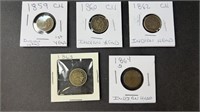 (5) EARLY INDIAN HEAD PENNIES 1859 (1ST YEAR)-1864