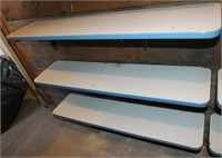 THREE BLUE & WHITE ENAMEL SHELVES