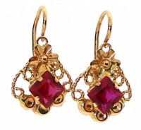 18kt Gold Princess Cut Ruby Antique Style Earrings