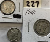 1940,1941,1945 3 Mecury Silver Dimes