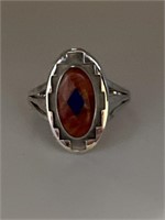 Silver Teme Coral Lapis Southwestern Ring