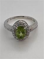 Green Oval Peridot & CZ Silver Ring