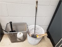 Metal pail, wire trash basket with toilet bowl