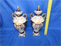 Pair of Hand Painted Victorian Decorated Urns