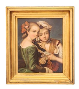 PORTRAIT OF TWO SISTERS AND THEIR BIRD (EUROPEAN,