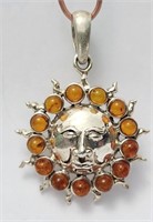 Amber Resin Sun Pendant Sterling Silver VTG