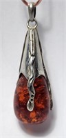 Amber Resin on Sterling Silver Pendant VTG