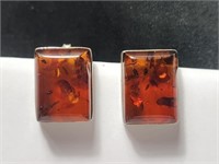 Amber Resin on Sterling Silver Ear Rings VTG