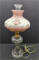 Electrified Oil Lamp w/ Hand Painted Floral Shade