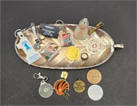 Silver Plate Tray w/ Advertising Key Chains, etc