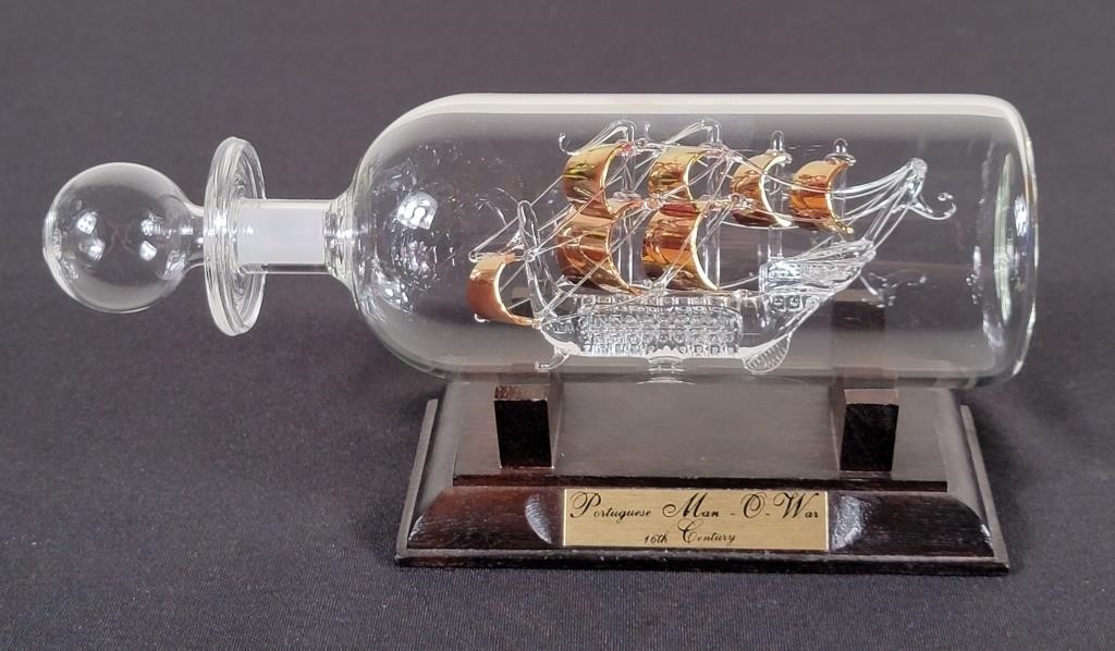 Portuguese Man-O-War Blown Glass Ship In Bottle