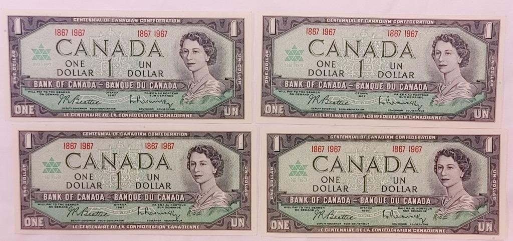 Lot of 4 Canada 1967 $1 Bank Notes