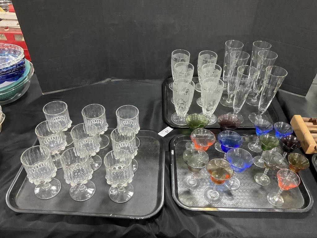 Vintage Glass Barware, Cocktail, Champagne Flutes.