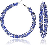 Gold-pl. White & Blue Crystals Hoop Earrings