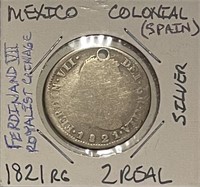 Mex. 1821RG Silver 2 Reales with hole