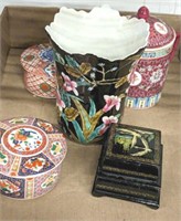 ASSORTED ORIENTAL VASES, COVERED JEWELRY, MISC