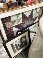 Assorted framed pictures--Barn window framed quilt