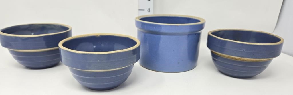 (3) Blue 5" Stoneware Bowls & (1) Small Crock