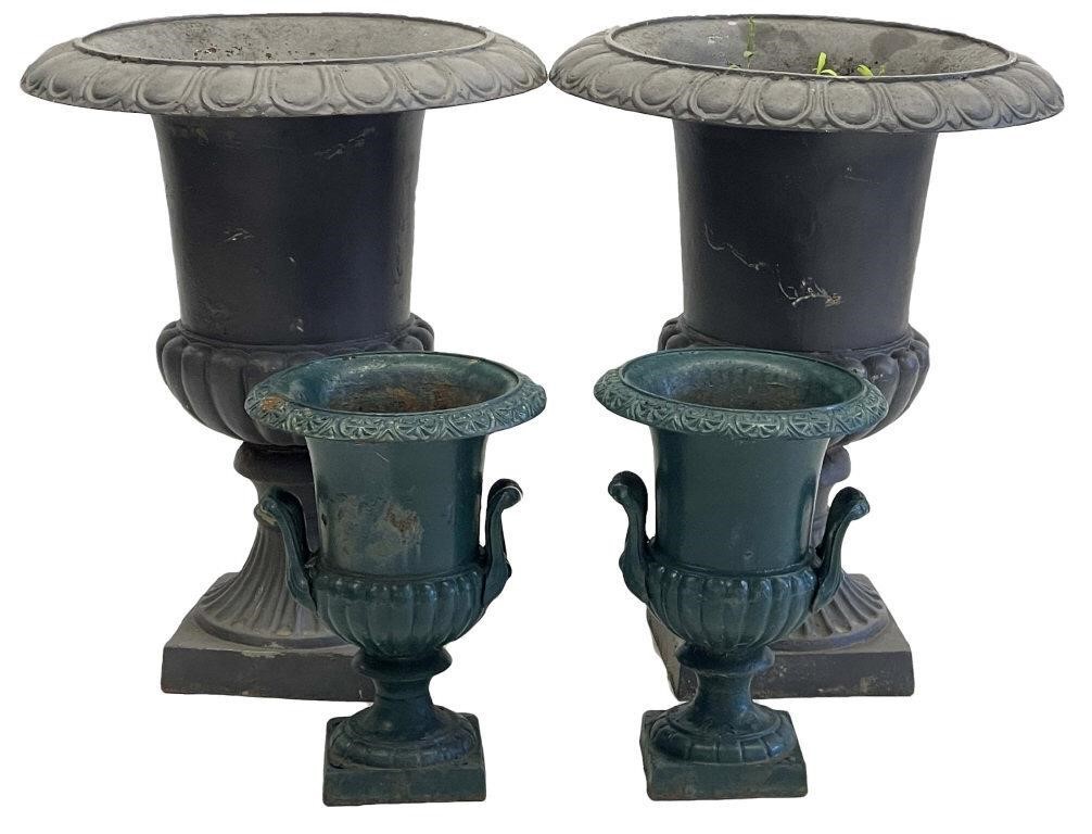 TWO PAIR OF CAST IRON URNS,  1- 29" X 23" &