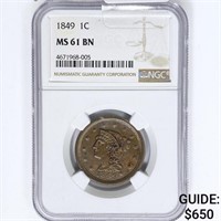 1849 Braided Hair Large Cent NGC MS61 BN