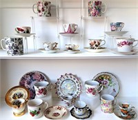 ASSORTED TEA CUPS & SAUCERS & PLATES 2 SHELVES