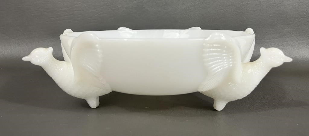 Vintage Jeanette Milk Glass Pheasant Bowl