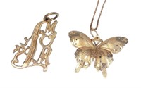 2 pc 14k yellow gold mom & butterfly pendants